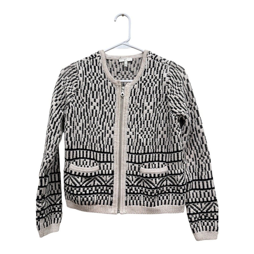 Joie Womens XS Linen Cotton Full Zip Geometric Jacquard Cardigan Sweater Cream